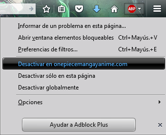 Menú de Adblock Plus, elegir la opción Desactivar en onepiecemangayanime.com